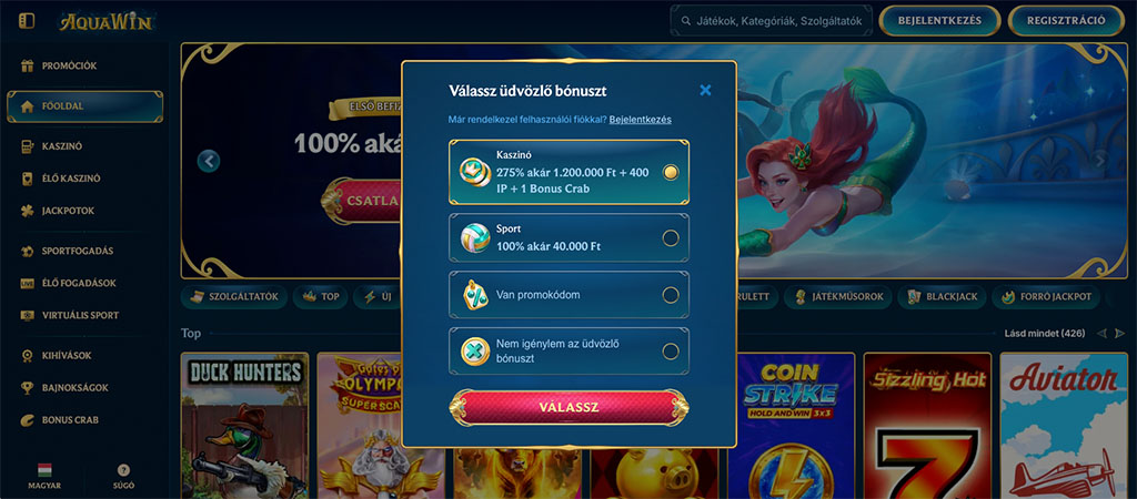 AquaWin Casino, regisztráció, üdvözlő bónusz választás, kaszinó, sport, promóciós kód, sellő, bónusz crab