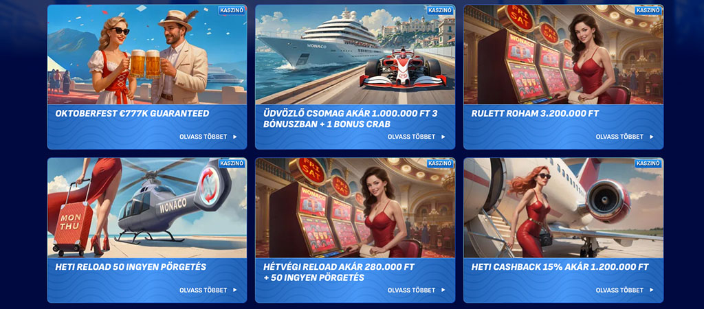 Wonaco kaszinó promóciók, bónusz ajánlatok, Oktoberfest, üdvözlő csomag, rulett, heti reload, hétvégi reload, cashback, luxus