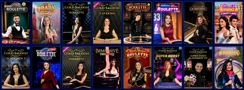 Wonaco élő kaszinó játékok gyűjteménye, különböző élő osztók, Rulett, Blackjack, Crazy Time, Sweet Bonanza Candyland