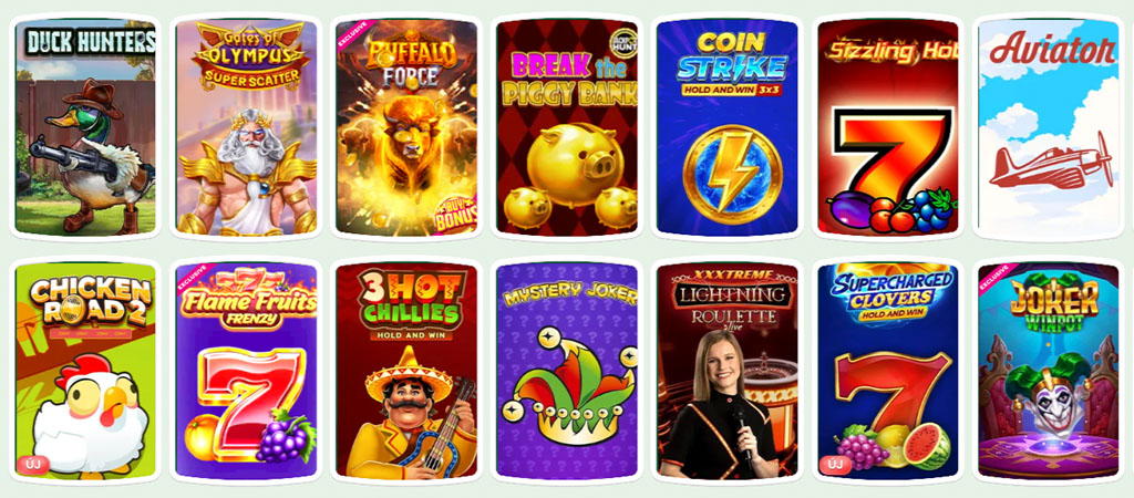online kaszinó játékok, nyerőgépek, rulett, kártyajátékok, színes ikonok, Gates of Olympus, Buffalo Force, Aviator, Casinolo