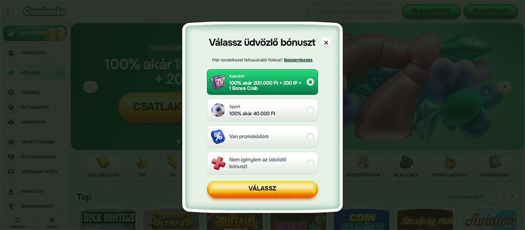 üdvözlő bónusz választás, kaszinó bónusz, promóciós ajánlat, nincs bónusz opció, regisztráció, felugró ablak, Casinolo