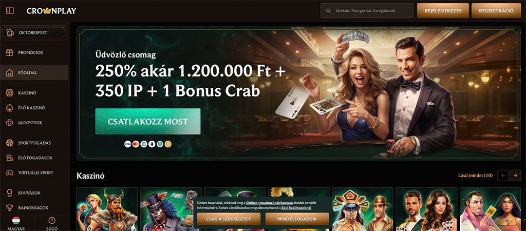 online kaszinó weboldal, Crownplay, üdvözlő csomag, bónuszok, nyerőgépek, kártyajátékok, rulett, regisztráció, bejelentkezés