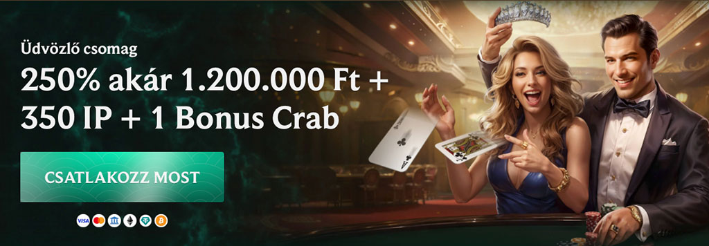 online kaszinó üdvözlő csomag, Crownplay, 250% bónusz, akár 1.200.000 Ft, 350 ingyen pörgetés, Bonus Crab, játékos pár