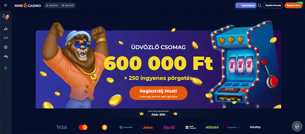 online kaszinó, Nine Casino, üdvözlő csomag, bónusz, ingyenes pörgetés, nyerőgép, oroszlán kabala, aranyérmék, regisztráció