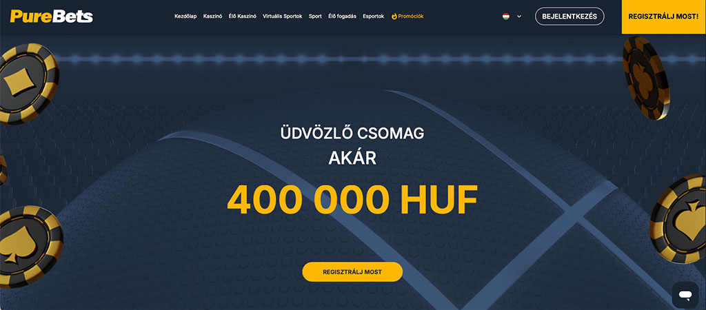 PureBets, főoldal, üdvözlő csomag, akár 400 000 HUF bónusz, regisztráció gomb, kaszinó és sportfogadás, arany zsetonok