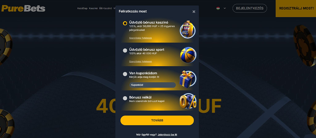 PureBets, regisztrációs ablak, üdvözlő bónusz kaszinóhoz és sporthoz, kuponkód mező, bónusz nélküli opció