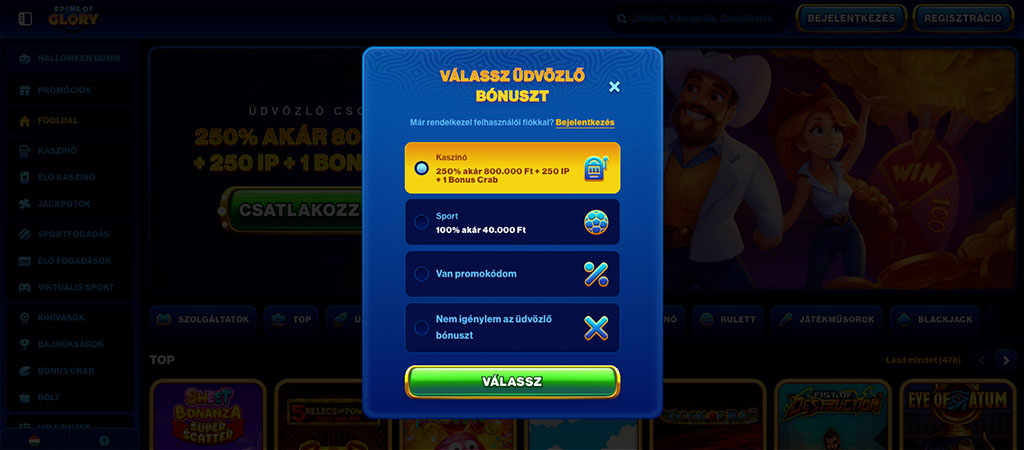 Spins of Glory kaszinó, Regisztrációs lépések, üdvözlő bónusz