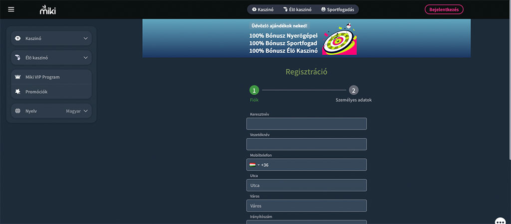 online kaszinó regisztráció, űrlap, fiók létrehozása, személyes adatok, vezetéknév, keresztnév, mobiltelefon, üdvözlő bónusz