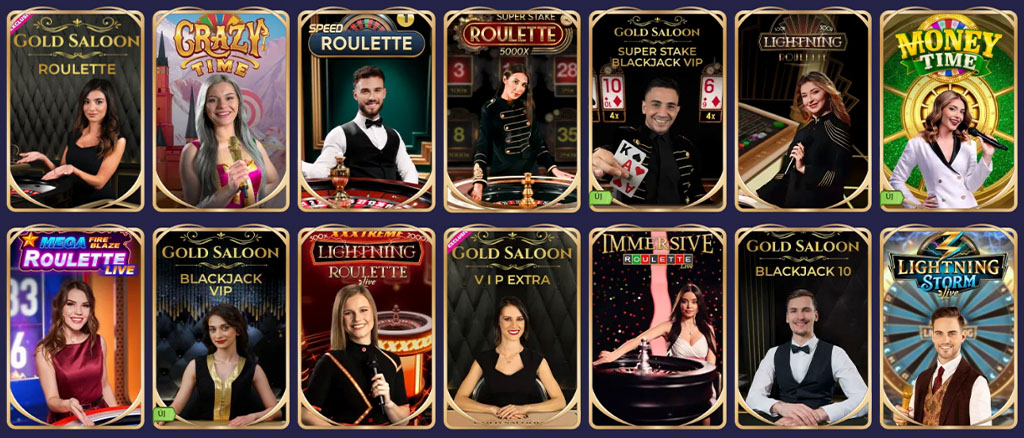 élő kaszinó, élő osztós játékok, blackjack, Gold Saloon, Crazy Time, Money Time, Super Stake Blackjack, Lightning Roulette