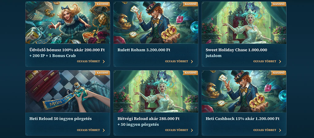 Betalice casino, üdvözlő bónusz, 100% akár 200.000 Ft + 200 IP + 1 bónusz rák, Alice mesebeli stílusban, olvass többet