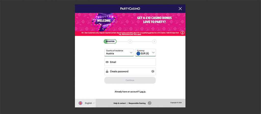 regisztráció, Party Casino, online casino