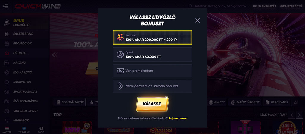 regisztrálj 5 lépésben, Quickwin, online kaszinó