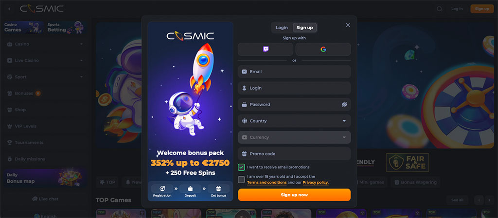 Így regisztrálj a Cosmic Slot Casino felületére 5 lépésben