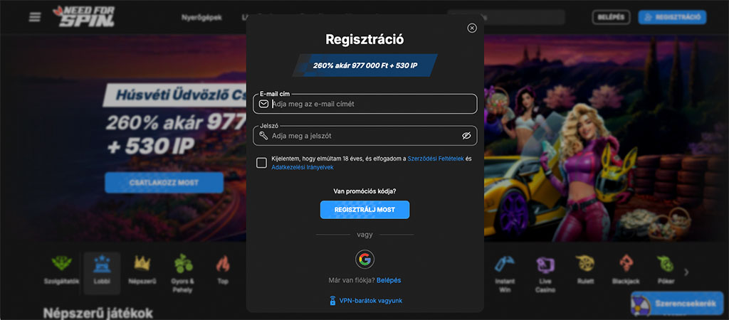 Regisztrációs folyamat, online kaszinó