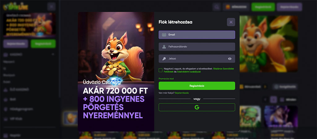 regisztráció, fiók létrehozása, online kaszinó