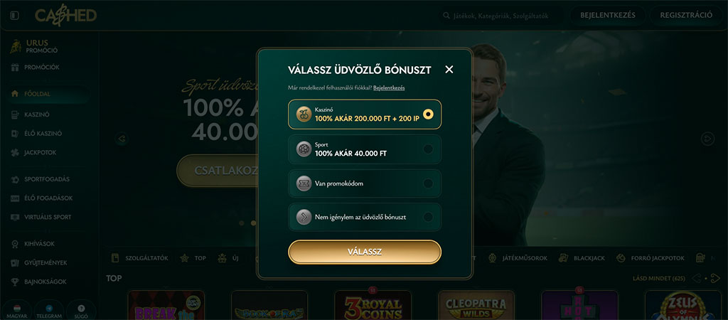 regisztrálj a Cashed kaszinó felületére, üdvözlő bónusz