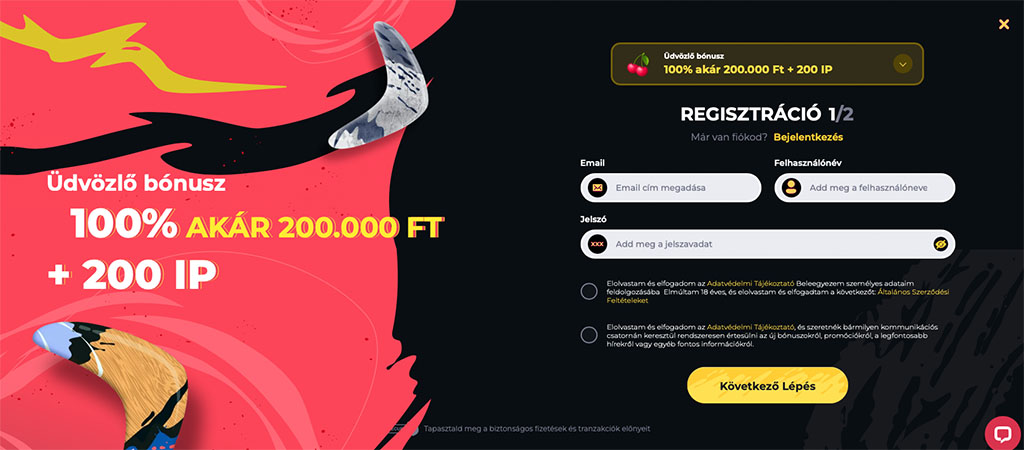 regisztráció, Boomerang kaszinó, online casino