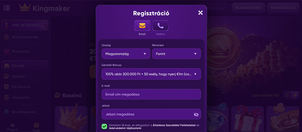 regisztrálj az Kingmaker kaszinó felületére, register