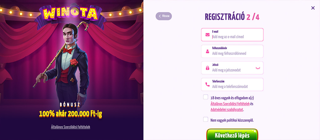 regisztrálj, winota, online kaszinó