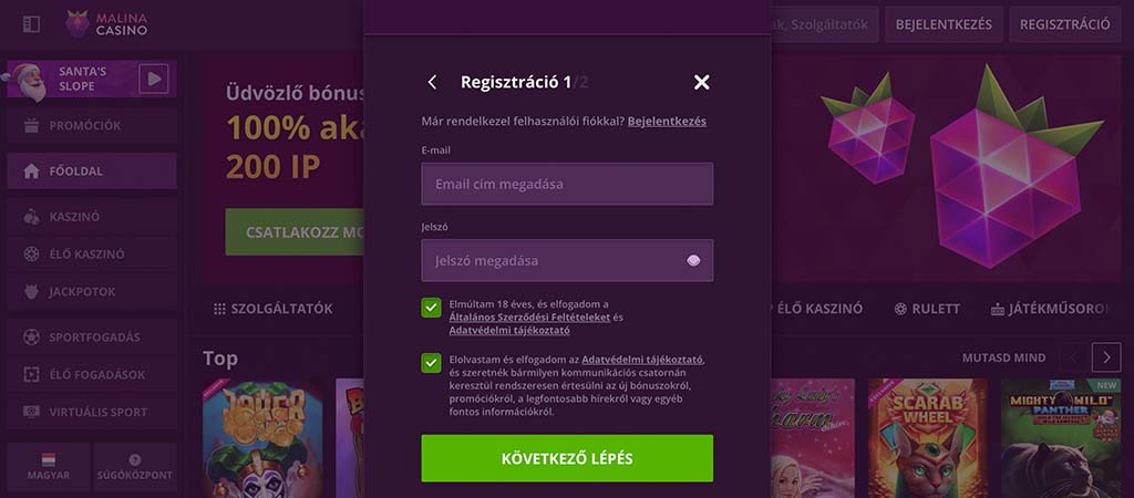Így regisztrálj a Malina kaszinó felületére 5 lépésben