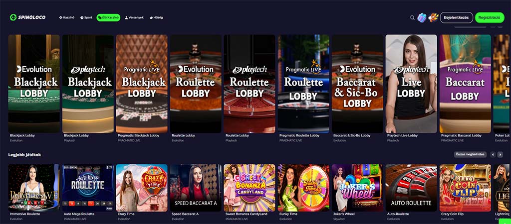 Élő játékok kínálata a Spinoloco casino felületén