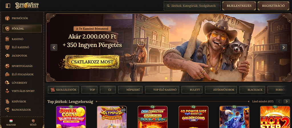BetWest, online kaszinó, főoldal, bónusz ajánlat, nyerőgépek, szerencsejáték, vadnyugati téma, regisztráció, belépés