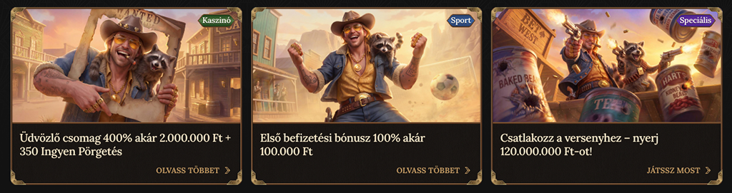 BetWest, kaszinó, bónusz, üdvözlő csomag, ingyen pörgetés, első befizetés, sportfogadás, verseny, nyeremény, cowboy, mosómedve