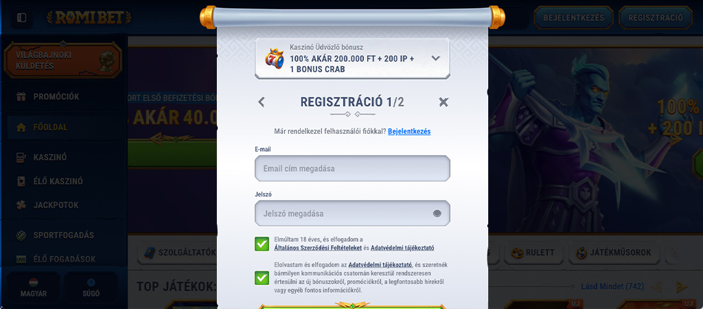 regisztrálj, Romibet Casino, üdvözlő bónusz