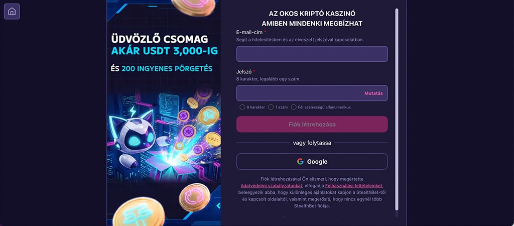 StealthBet Casino, regisztrálj a StealthBet Casino felületére