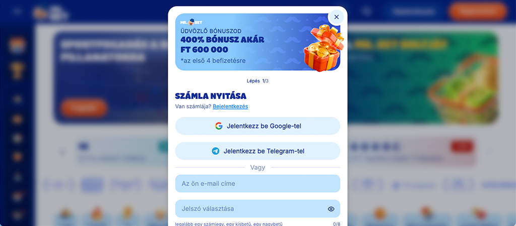 regisztráció, 400% bónusz, 600.000 Ft értékben