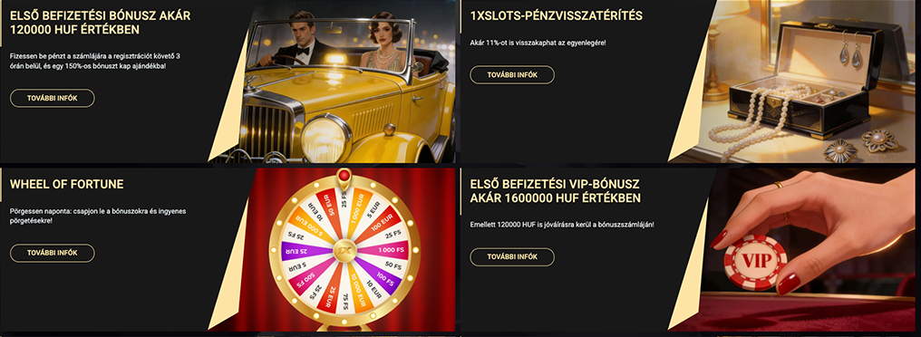  1xSlots befizetési bónuszok, első bónusz, VIP bónusz, második bónusz, harmadik befizetési bónusz, ingyenes pörgetések