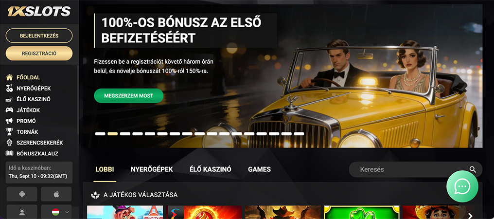 1xSlots főoldal, befizetési bónusz, regisztráció gomb, zsetonok, arany kulcs, nyerőgépek