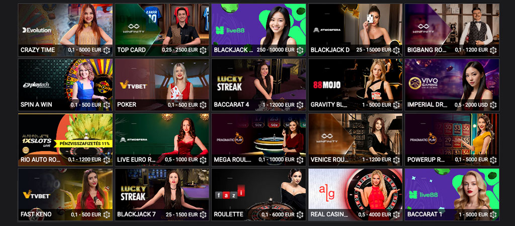 élő kaszinó játékok, Crazy Time, Blackjack, Top Card, Roulette, Baccarat, Poker, élő osztók, fogadási limitek, 1xSlots 