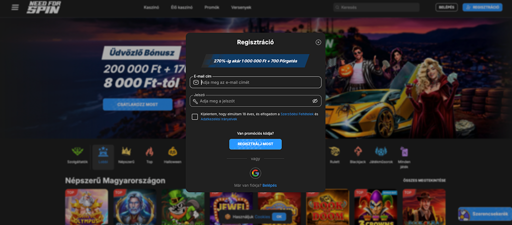 Regisztrációs folyamat, online kaszinó